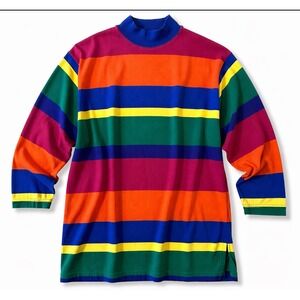 VTG 90s Rainbow Striped Mock Neck Top Colorblock Pullover Best American Large
